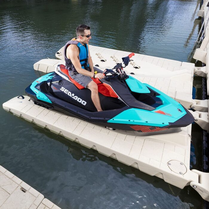A man sits securely on his jet ski on a Wave Armour Max DCSport